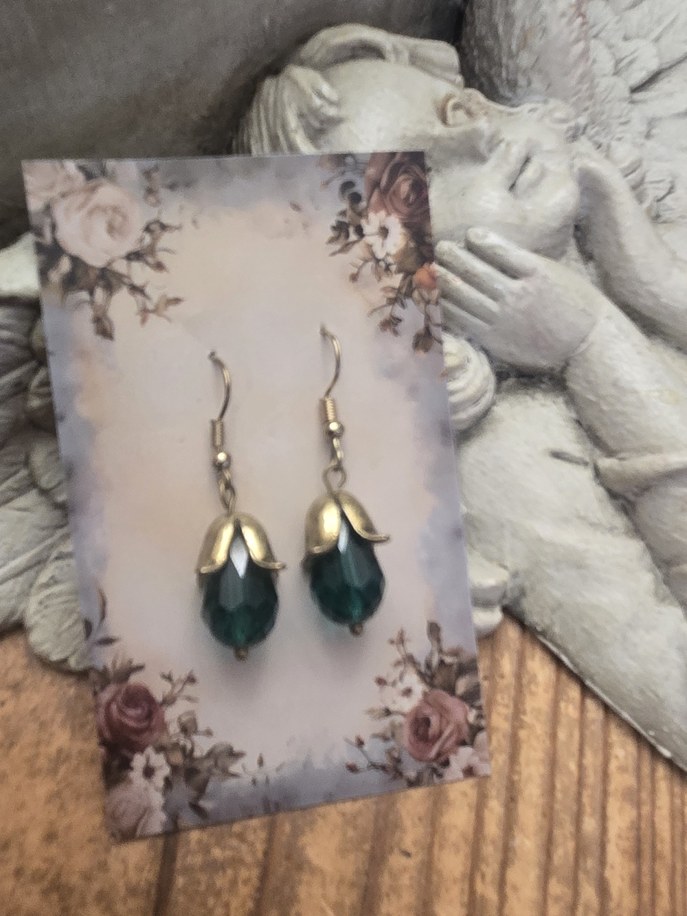 Vintage-Inspired Emerald Drop Earrings with Antique Gold Accents